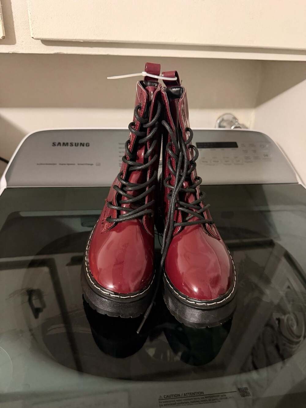 Unionbay Kiwi Patent Lace-Up Platform Combat Boots in Oxblood